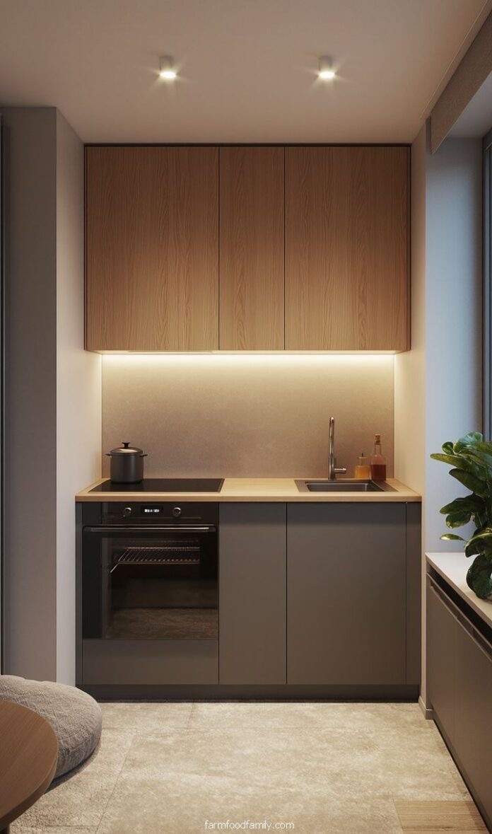 Compact minimalist kitchen with LED lighting